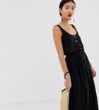 Warehouse Midi Dress With Button Detail In Black - Black