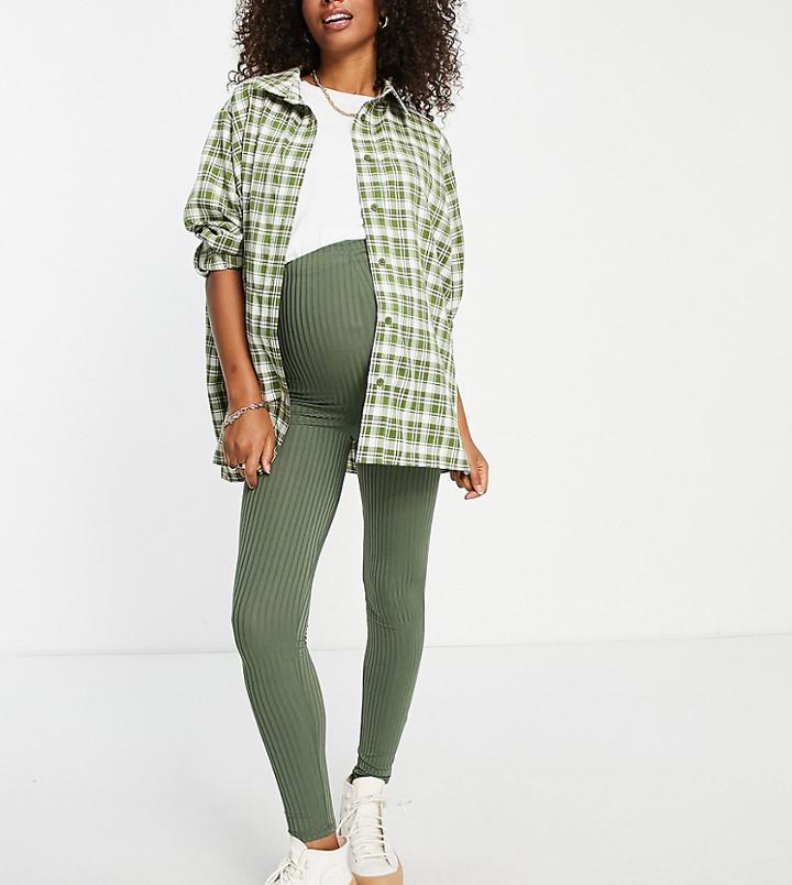 Flounce London Maternity Rib Legging In Khaki-green