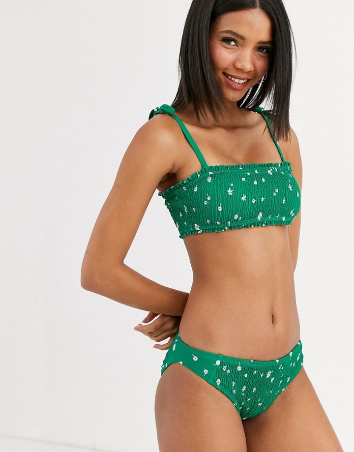 Whistles Floral Print Shirred Bikini Bottom-green