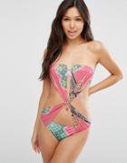 Asos New Scarf Print Sheer Twist Wrap Bandeau Swimsuit - Multi
