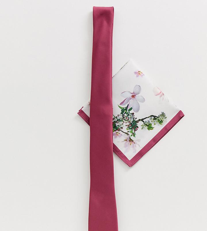 Asos Design Slim Tie & Printed Pocket Square In Burgundy