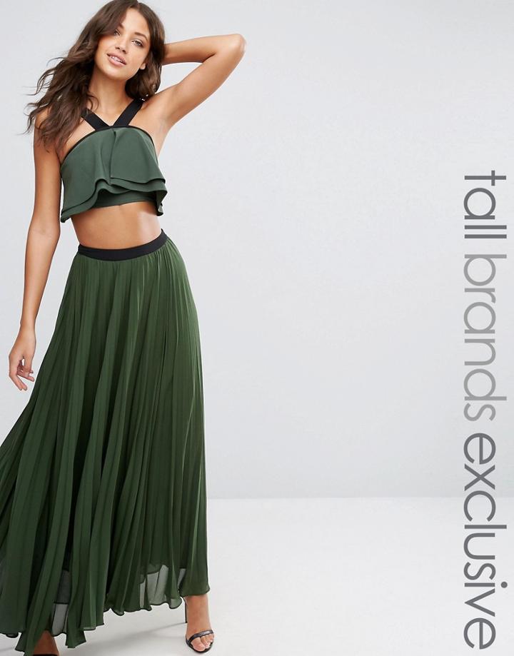 True Decadence Tall Pleated Maxi Skirt With Contrast Waistband - Green
