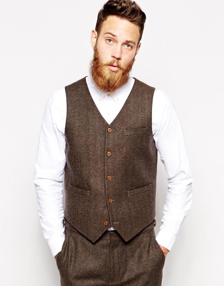Asos Slim Vest In Herringbone - Brown
