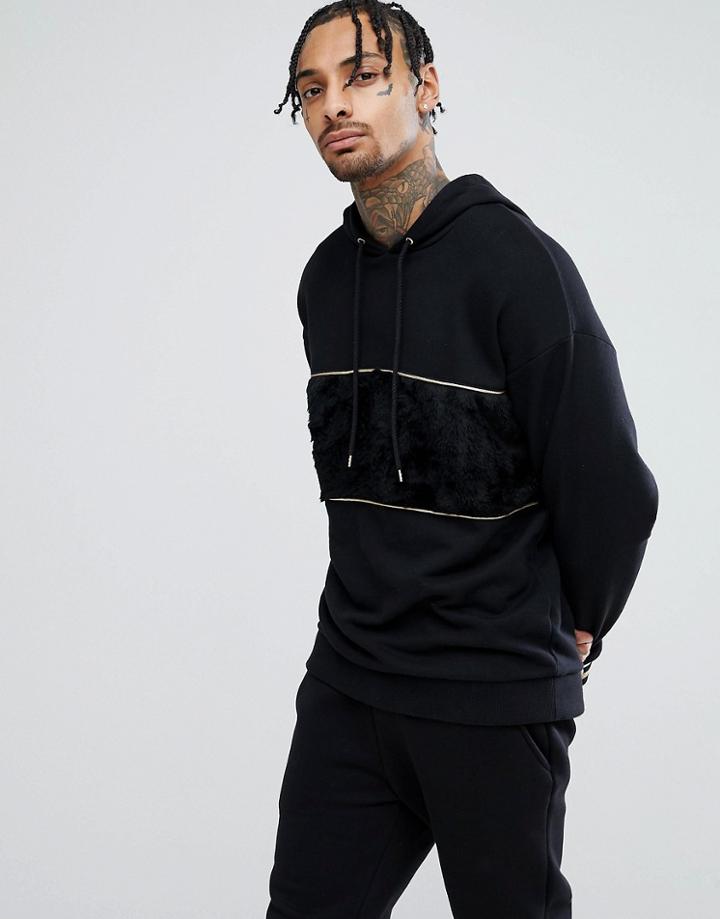 Asos Oversized Hoodie In Black With Faux Fur Panel - Black
