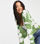 Asos Design Petite Boxy Cardigan In Wavy Check In Green
