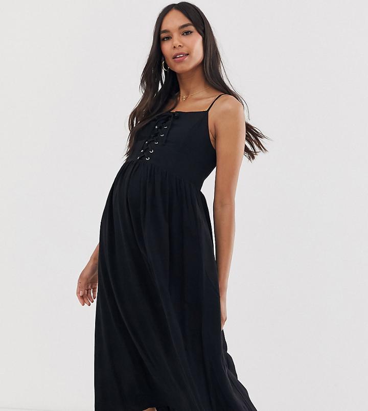 New Look Maternity Lattice Front Midi Dress In Black