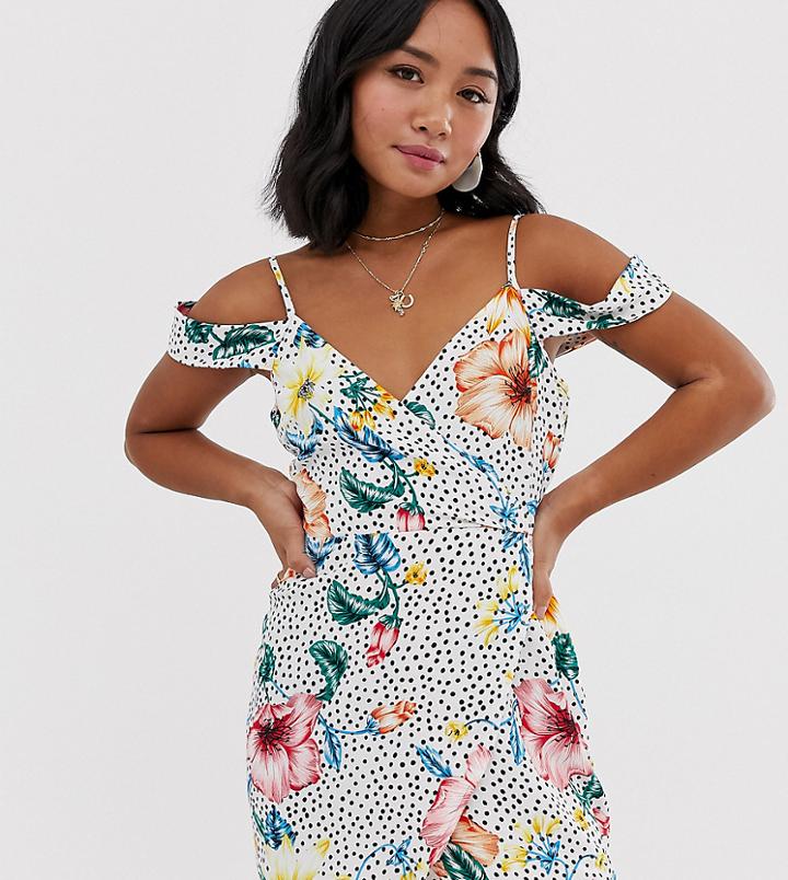 Parisian Petite Cold Shoulder Dress With Floral Polka Print-multi