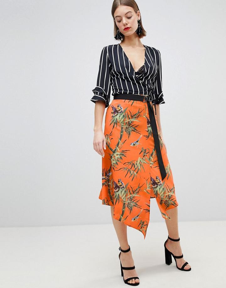 Warehouse Barbican Collection Songbird Print Wrap Skirt - Orange