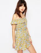 Asos Bardot Floral Button Front Beach Dress - Mustard Floral