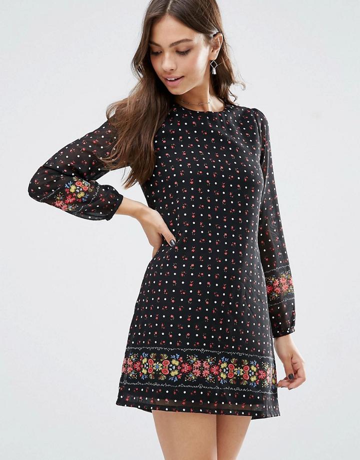Yumi Border Print Long Sleeve Shift Dress - Black