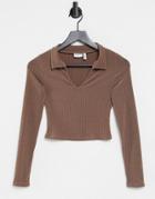 Asos Design Fitted Polo In Rib With Long Sleeve In Brown-green