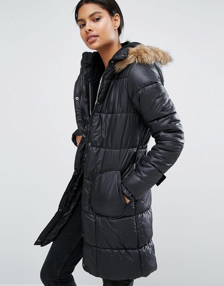 Vila Belted Faux Fur Trim Padded Coat - Black