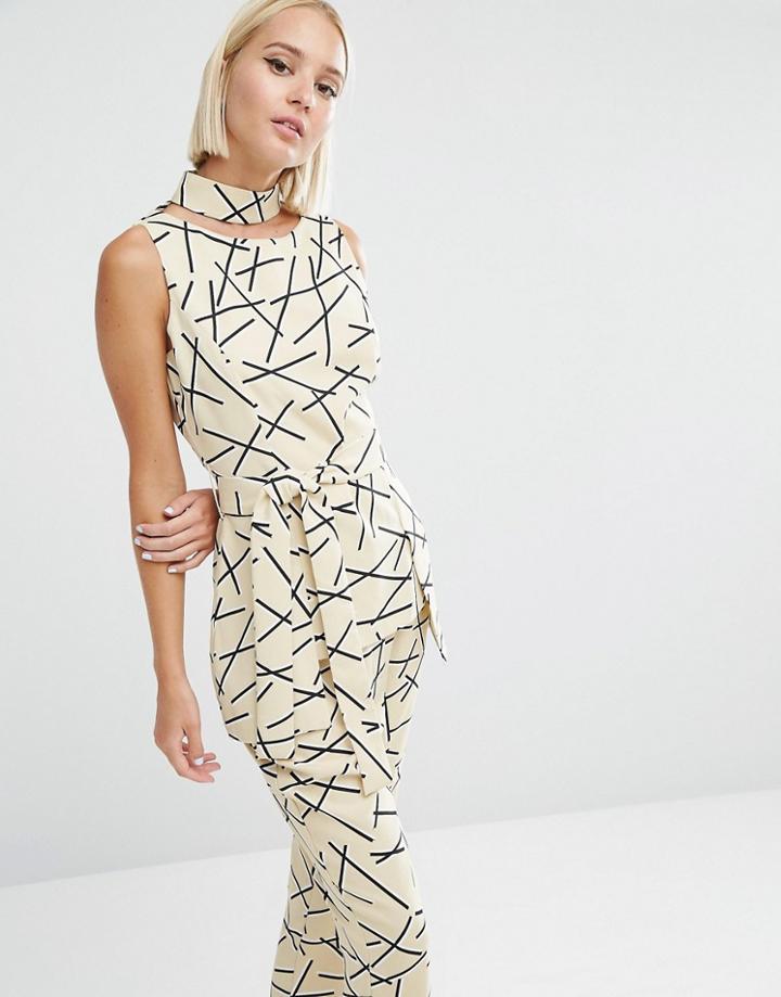 Lavish Alice Abstract Print Collar Tie Belt Top - Multi