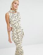 Lavish Alice Abstract Print Collar Tie Belt Top - Multi