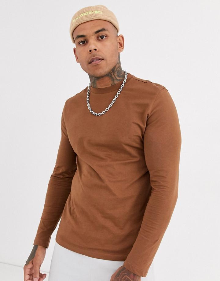 Asos Design Long Sleeve T-shirt With Crew Neck In Brown