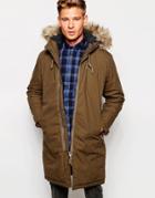 Selected Homme Parka With Removable Faux Fur Hood - Khaki