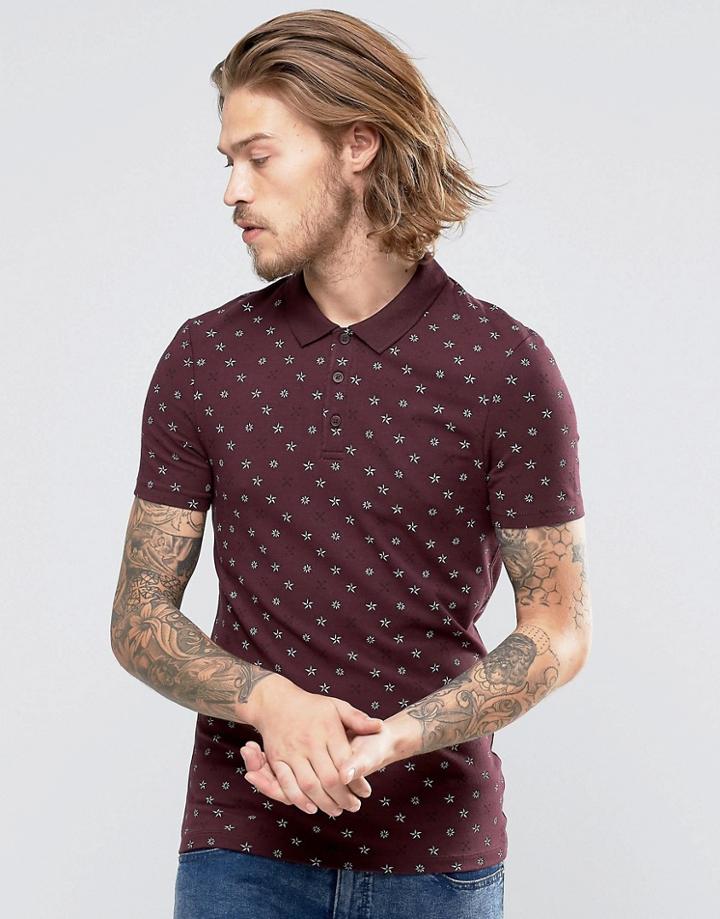 Asos Extreme Muscle Polo Shirt With All Over Ditsy Print - Red