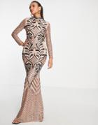 Goddiva Embroidered Long Sleeved High Neck Maxi Dress In Champagne-pink