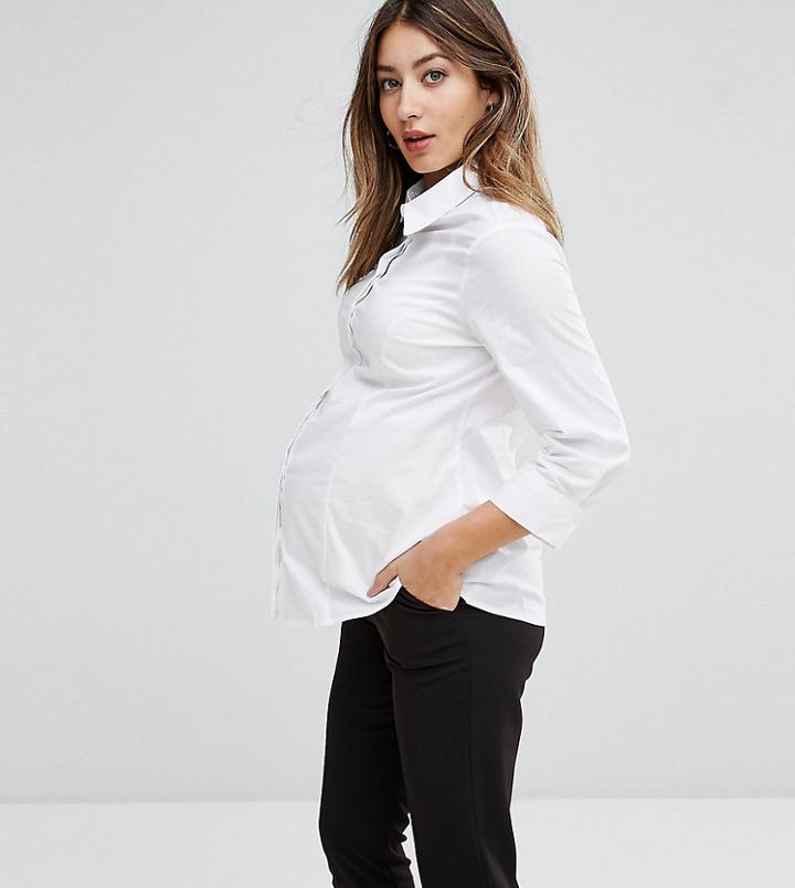 Asos Maternity Fuller Bust 3/4 Sleeve White Shirt In Stretch Cotton - White