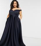 True Violet Black Label Plus Bardot Prom Maxi Dress With Pockets In Navy