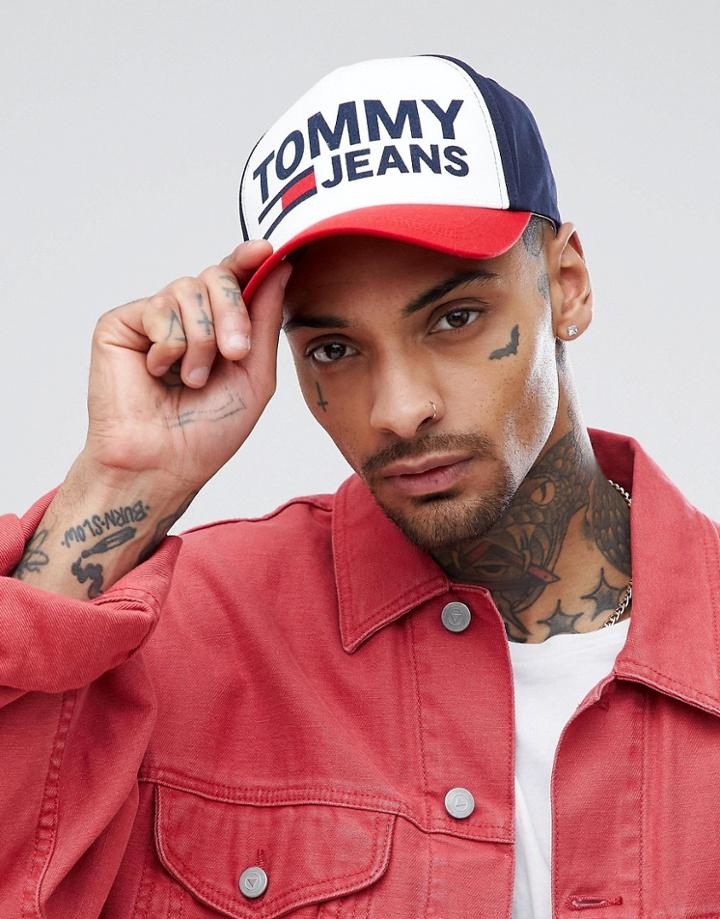 Tommy Jeans Large Flock Logo Baseball Cap In Navy/red/white - Multi