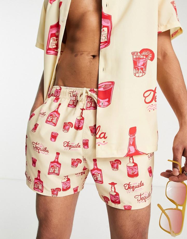 Asos Design Swim Short With Tequila Print Short Length - Part Of A Set-neutral