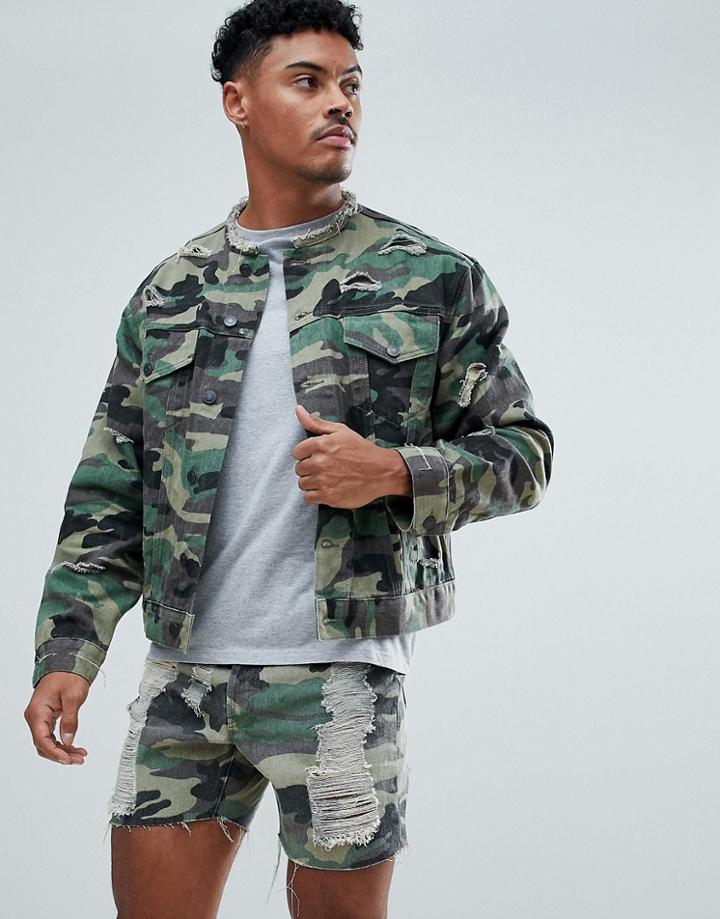Siksilk Collarless Muscle Denim Jacket In Camo With Distressing - Green