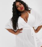 Asos Design Curve Plunge Tie Waist Kimono Sleeve Crinkle Beach Cover Up In White
