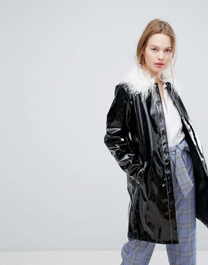 Plain Studios High Shine Jacket With Faux Mongolian Collar - Black