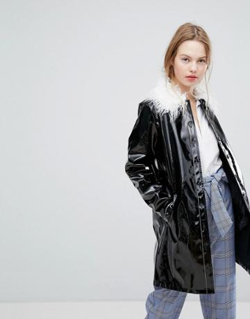 Plain Studios High Shine Jacket With Faux Mongolian Collar - Black