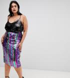 Outrageous Fortune Plus Sequin Midi Bodycon Skirt In Rainbow Stripe - Multi