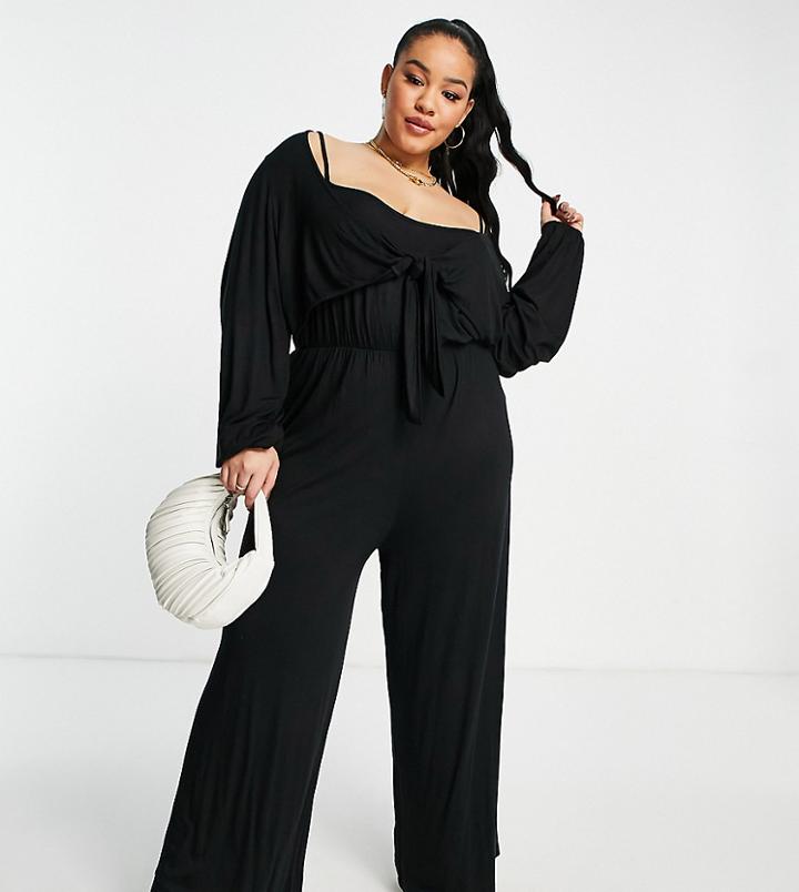 Asos Design Curve Tie-front Jumpsuit In Black