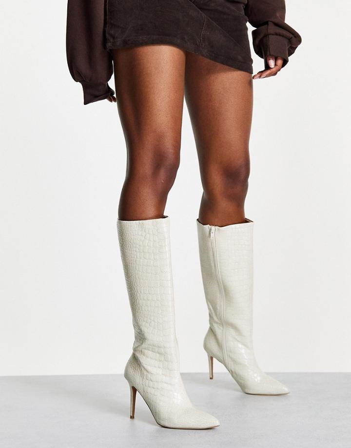 Asos Design Claudia Knee High Boots In Off-white Croc