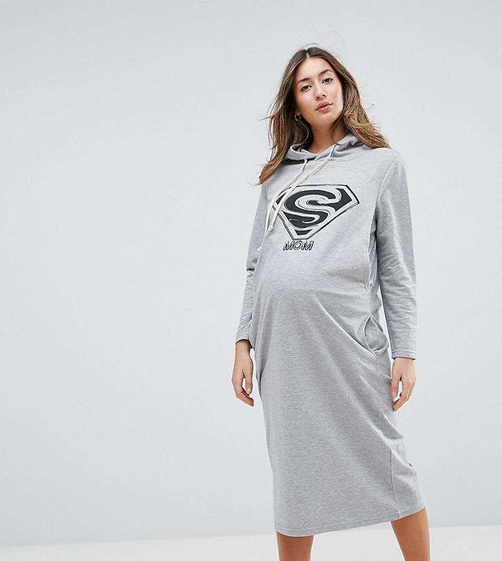 Gebe Maternity Nursing Sweat Dress With Hood And Slogan - Gray