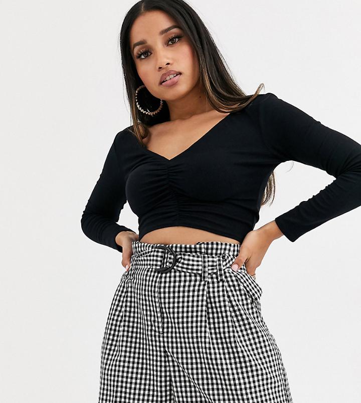 Asos Design Petite Top With V-front And Back And Ruch Detail In Black