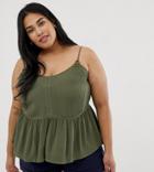 Asos Design Curve Crinkle Cami With Lace Inserts And Ring Detail Sun Top - Green