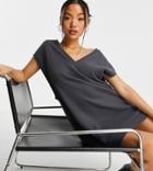 Asos Design Petite Super Soft V Neck Vest Mini Sweater Dress In Charcoal-grey