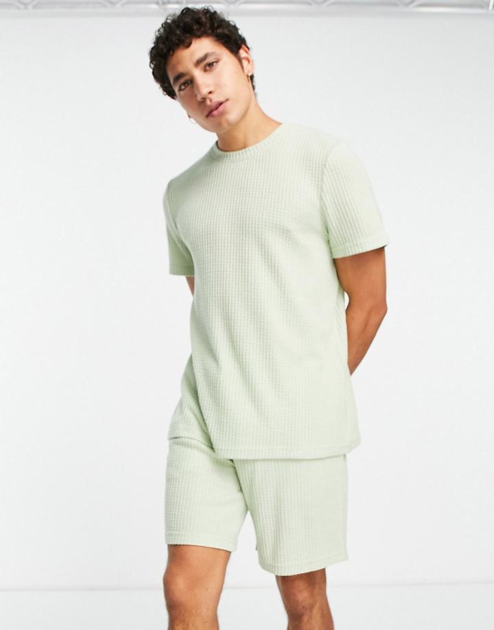 Brave Soul Waffle Short Lounge Set In Sage Green