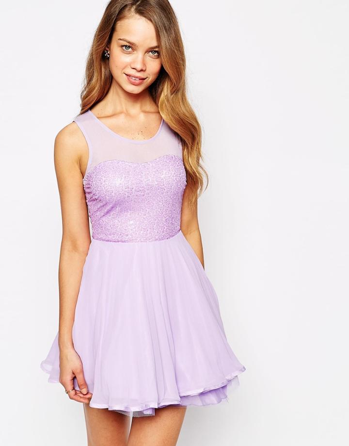 Ax Paris Sequin Skater Dress With Pleated Skirt - Lilac