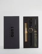 Lund London Black Leather Nato & Gold Mesh Watch With 3 Interchangable