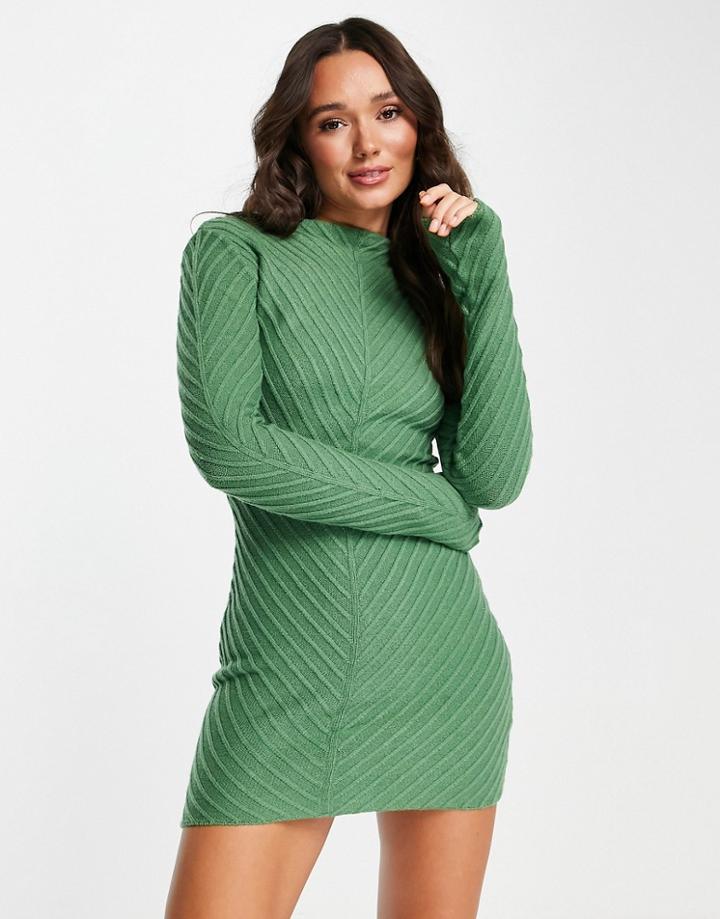 Na-kd X Lisa Marie Schiffner Ribbed Detail Knit Mini Dress In Green
