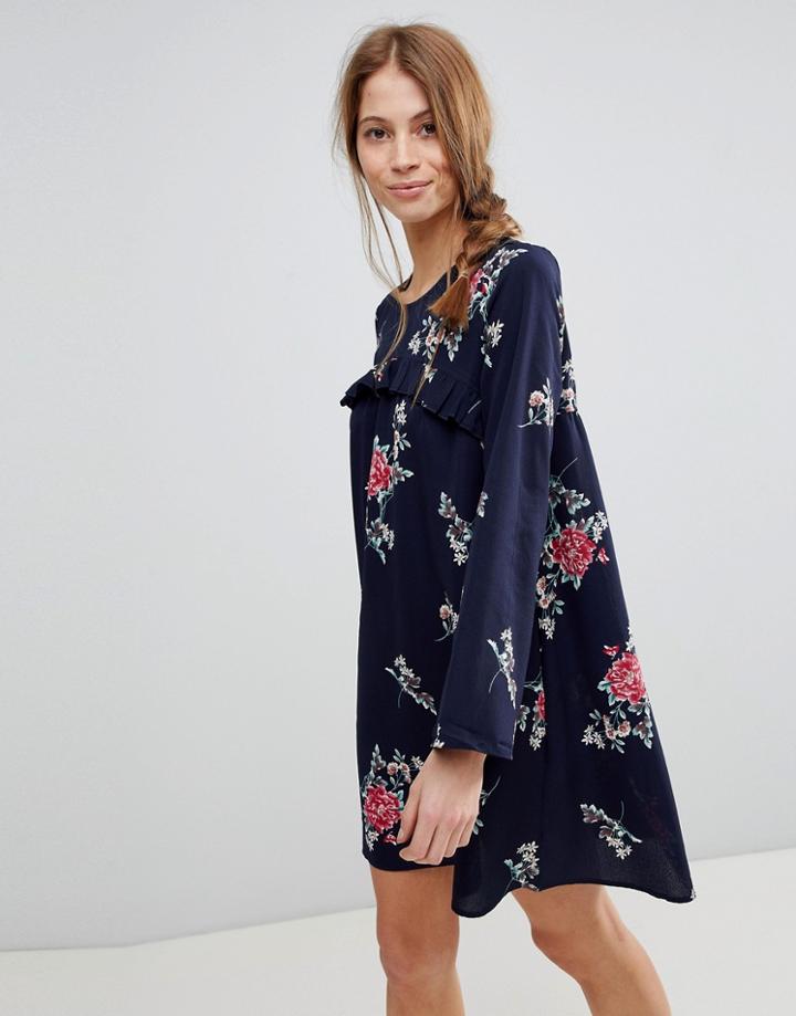 Qed London Floral Shift Dress With Frill - Navy