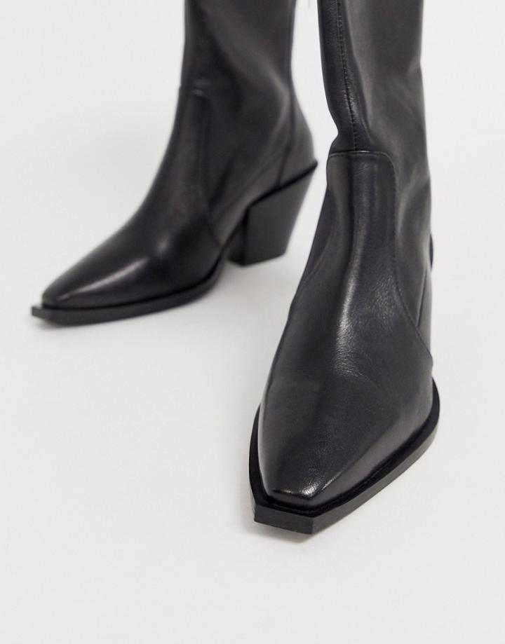Office Ashen Black Leather Mid Heeled Ankle Boots