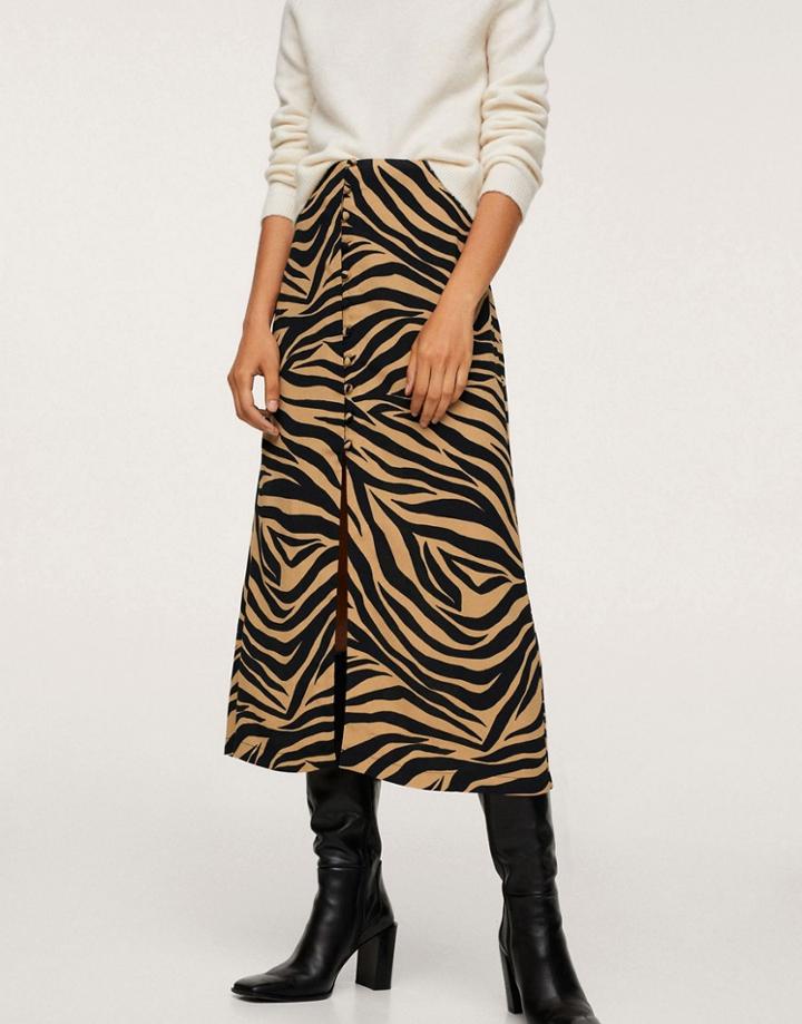 Mango Tiger Print Midi Skirt With Slit-neutral