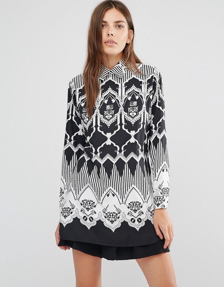 Ax Paris Monochrome Printed Long Sleeve Top - Black