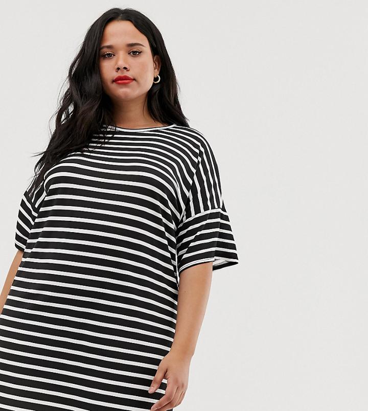 Boohoo Plus Basic T-shirt Dress In Stripe - White