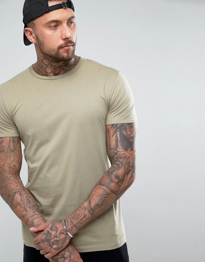Asos Longline T-shirt With Crew Neck - Beige