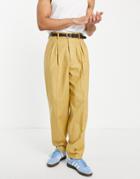Asos Design High Waist Slim Smart Pants In Mustard Linen Mix-yellow