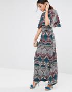 Liquorish Geometric Print Maxi Dress With Slit Front And Frill Sleeves - Multi