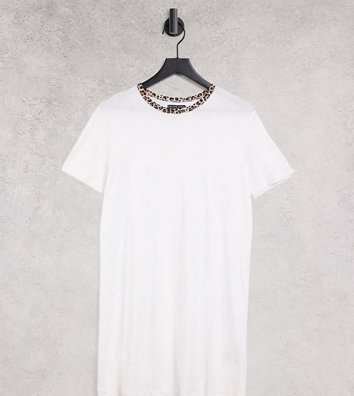 Brave Soul Tall Dawn Leopard Contrast Ringer T-shirt Dress In White